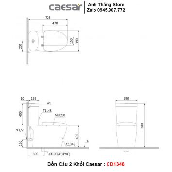 Bồn Cầu 2 Khối Caesar CD1348