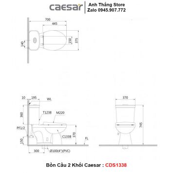 Bồn Cầu 2 Khối Caesar CDS1338