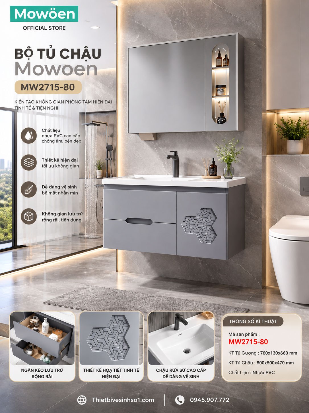 Bộ Tủ Chậu Mowoen MW2715-80 Bộ Tủ Chậu Mowoen MW2715-80