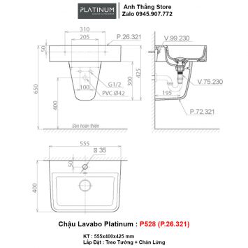 Chậu Lavabo + Chân Lửng Platinum P528 (P.26.321)