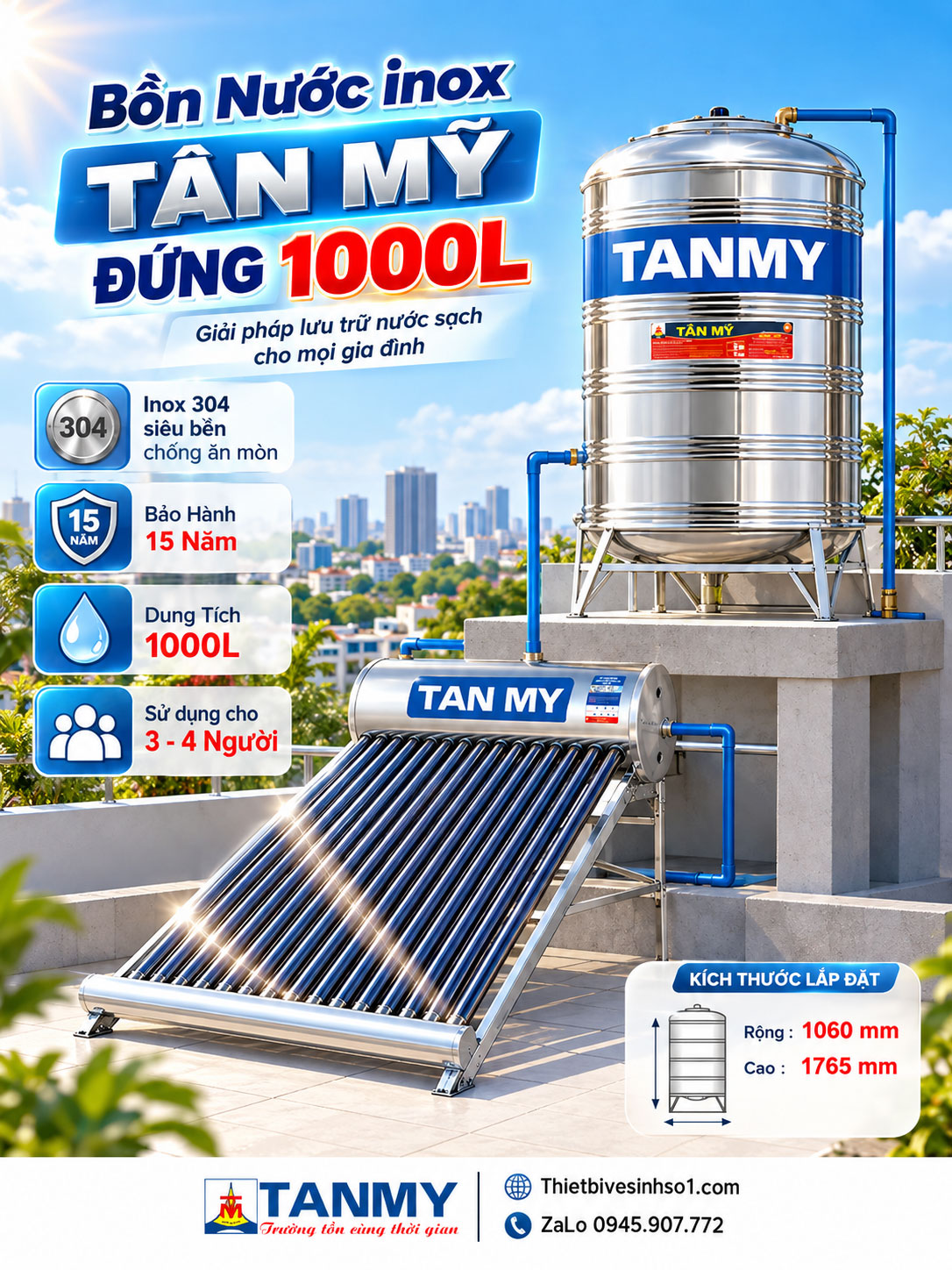 Bồn Nước inox Tân Mỹ Đứng 1000L Bồn Nước inox Tân Mỹ Đứng 1000L