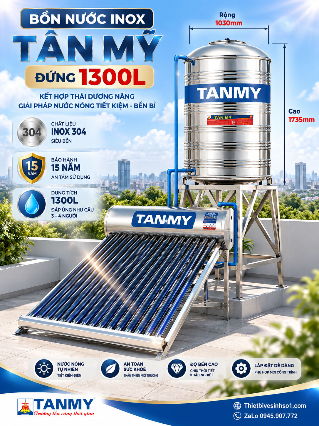 Bồn Nước inox Tân Mỹ Đứng 1300L Bồn Nước inox Tân Mỹ Đứng 1300L