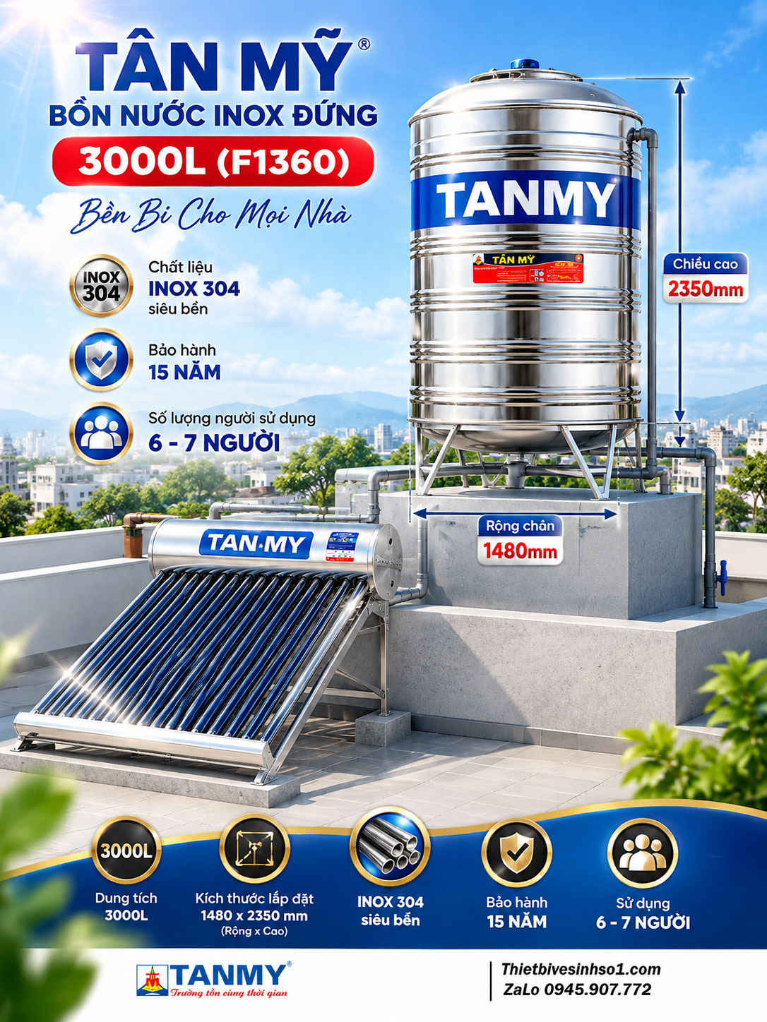 Bồn Nước inox Tân Mỹ Đứng 3000L-(F1360) Bồn Nước inox Tân Mỹ Đứng 3000L-(F1360)