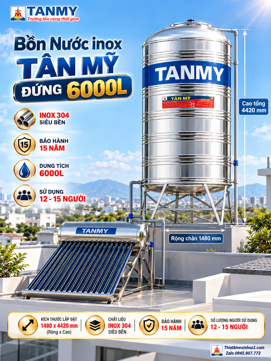 Bồn Nước inox Tân Mỹ Đứng 6000L Bồn Nước inox Tân Mỹ Đứng 6000L