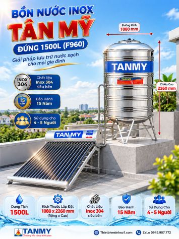 Bồn Nước inox Tân Mỹ Đứng 1500L-(F960)