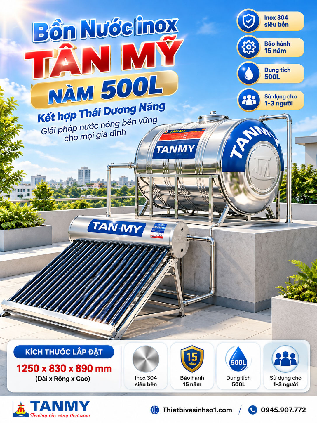 Bồn Nước inox Tân Mỹ Nằm 500L Bồn Nước inox Tân Mỹ Nằm 500L