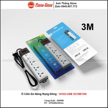 Ổ Cắm Đa Năng Rạng Đông OC02.USB 3C/3M/10A