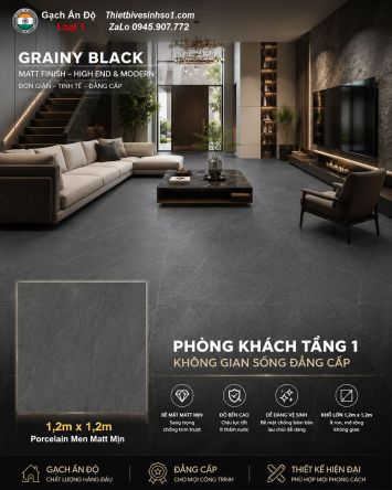 Gạch 1,2m x 1,2m Ấn Độ Grainy Black