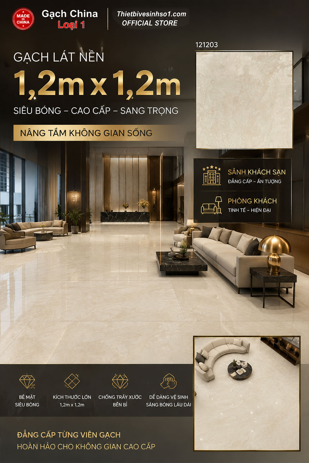 Gạch 1,2m x 1,2m Trung Quốc 121203 Vân Vàng Gạch 1,2m x 1,2m Trung Quốc 121203 Vân Vàng