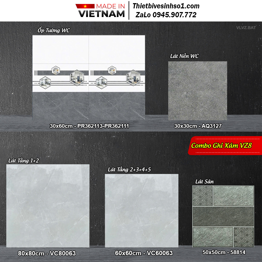 Combo Trọn Bộ Gạch Ốp Lát Ghi Xám VZ8