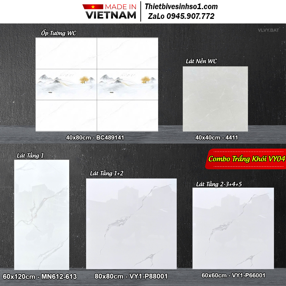 Combo Trọn Bộ Gạch Ốp Lát Trắng Khói VY04