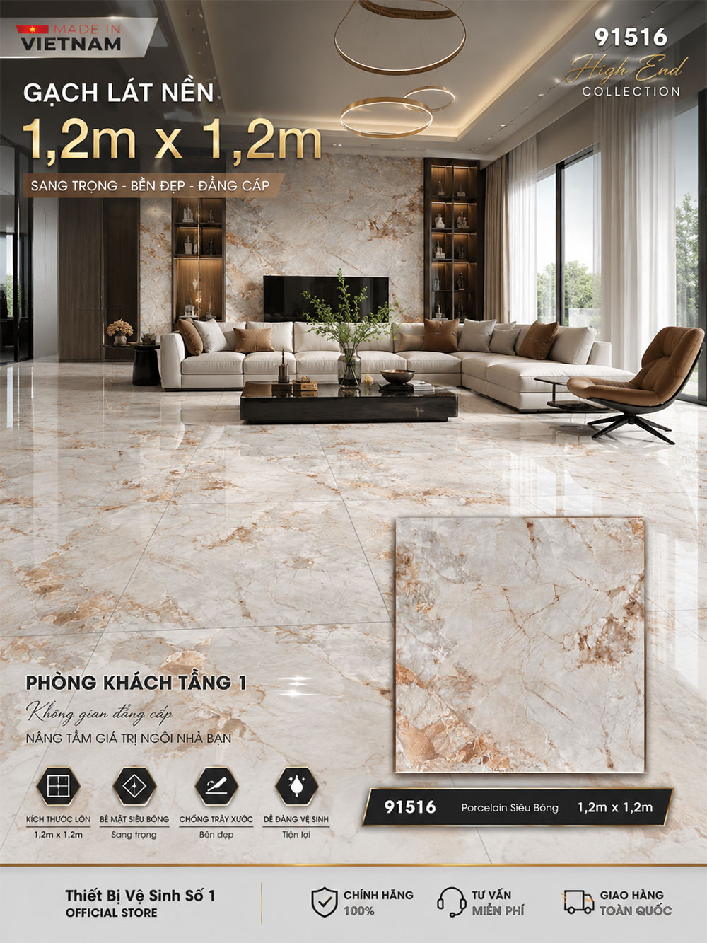 Gạch 1,2m x 1,2m Prime 91516 Kem Vân Đá Gạch 1,2m x 1,2m Prime 91516 Kem Vân Đá