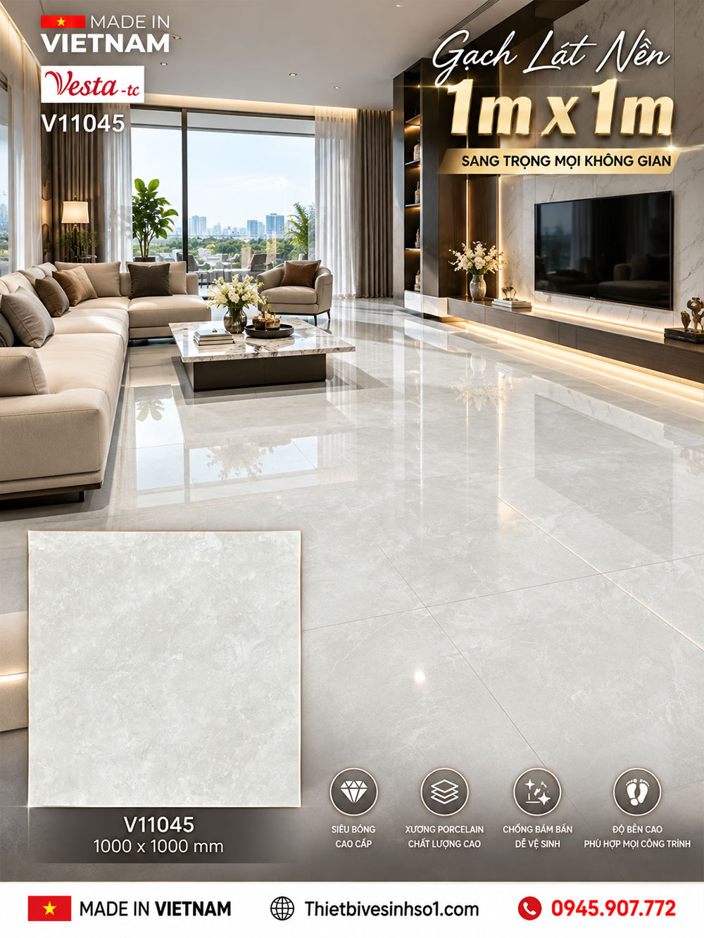 Gạch 1m x 1m Thắng Cường V11045 Vân Vàng Nhạt Gạch 1m x 1m Thắng Cường V11045 Vân Vàng Nhạt
