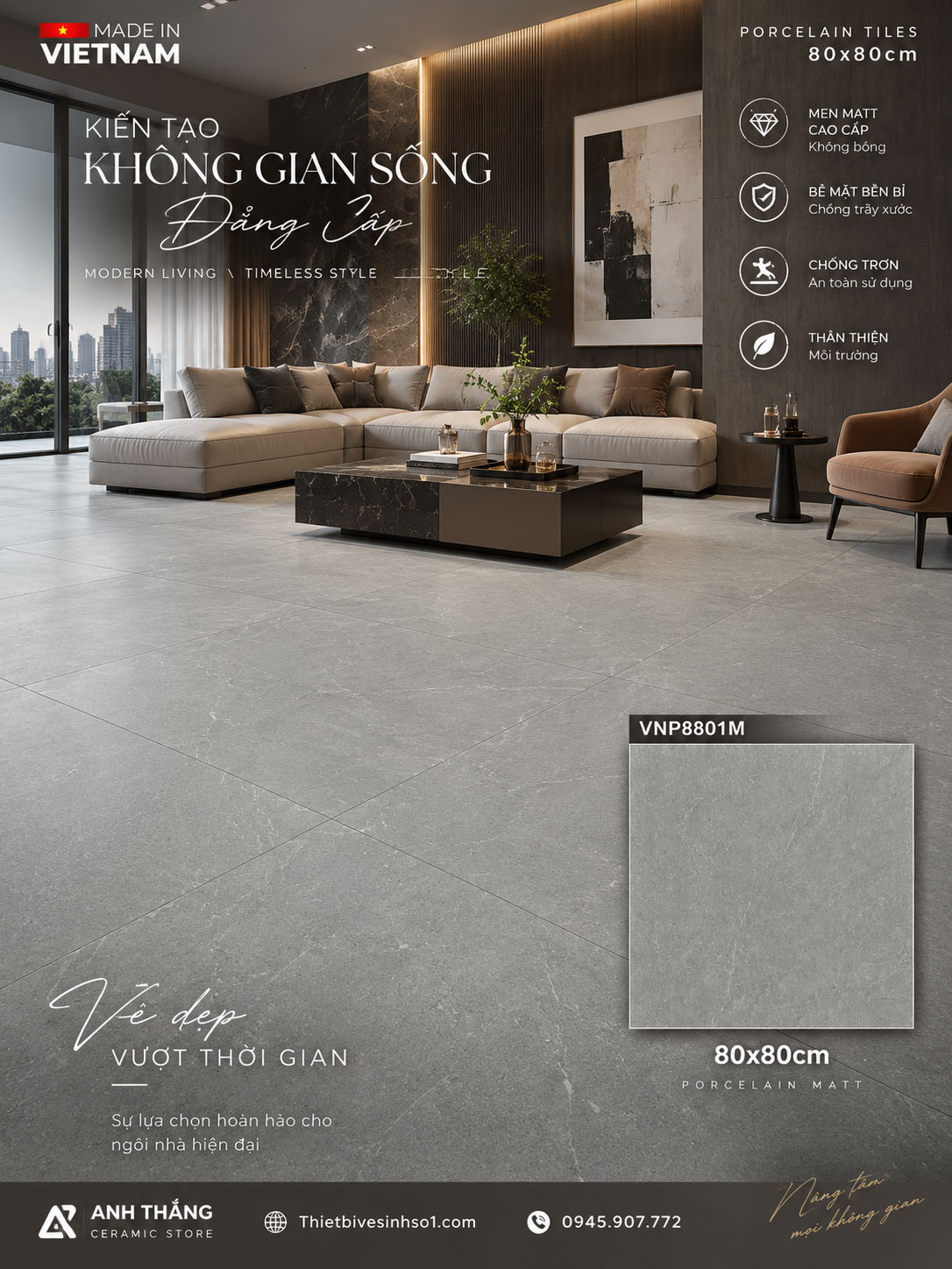 Gạch 80x80 VNHome VNP8801M Vân Xi Măng Gạch 80x80 VNHome VNP8801M Vân Xi Măng