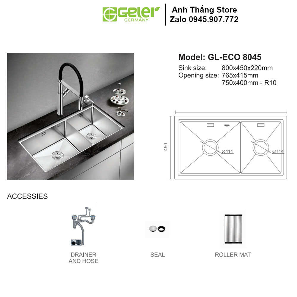 Bản Vẽ Kỹ Thuật Chậu Rửa Bát Geler GL Eco 8045