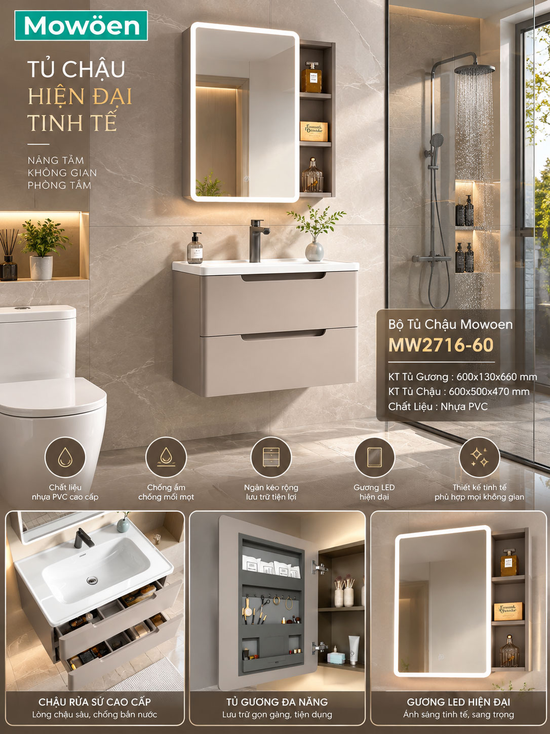 Bộ Tủ Chậu Mowoen MW2716-60 Bộ Tủ Chậu Mowoen MW2716-60
