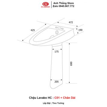 Chậu Lavabo HC C01 + Chân-Dài-2