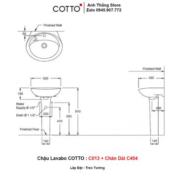 Chậu Lavabo COTTO C013 + Chân Dài C404 2