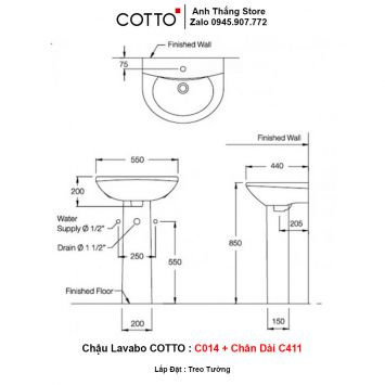 Chậu Lavabo COTTO C014 + Chân Dài C411-2