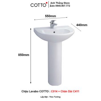 Chậu Lavabo COTTO C014 + Chân Dài C411