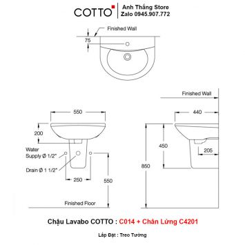 Chậu Lavabo COTTO C014 + Chân Lửng C4201-2