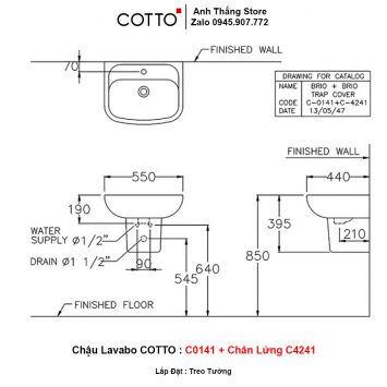 Chậu Lavabo COTTO C0141 + Chân Lửng C4241-2