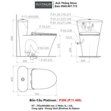 Bồn Cầu Platinum P358 (P.11.450)