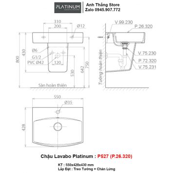 Chậu Lavabo + Chân Lửng Platinum P527 (P.26.320)