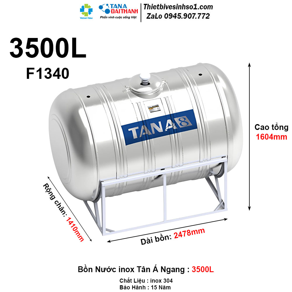 Bồn Nước inox Tân Á 8 Ngang 3500L