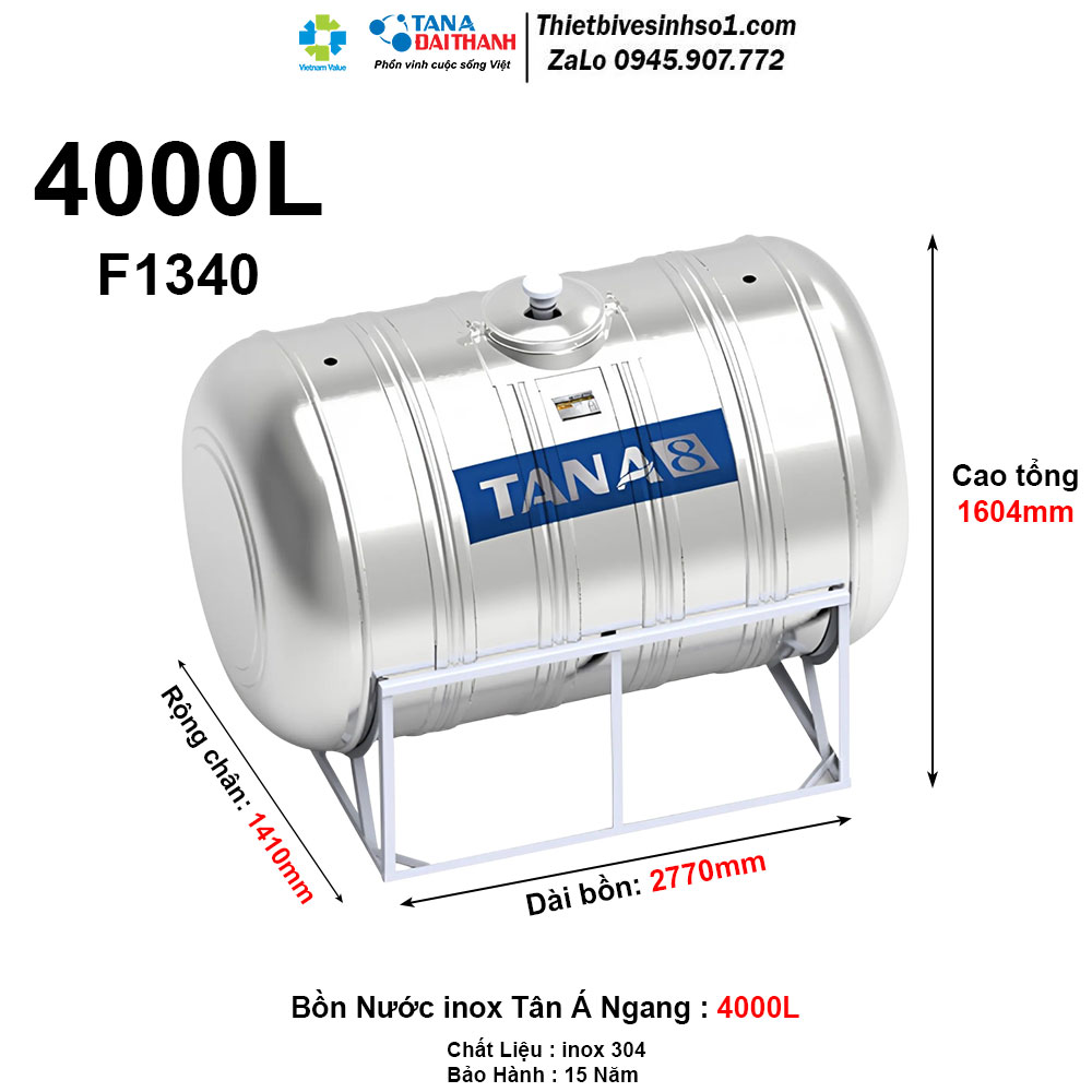 Bồn Nước inox Tân Á 8 Ngang 4000L