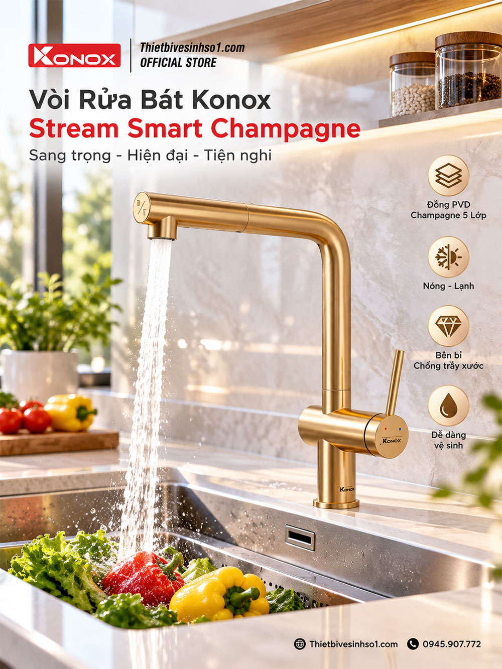 Vòi Rửa Bát Konox Stream Smart Champagne Vòi Rửa Bát Konox Stream Smart Champagne