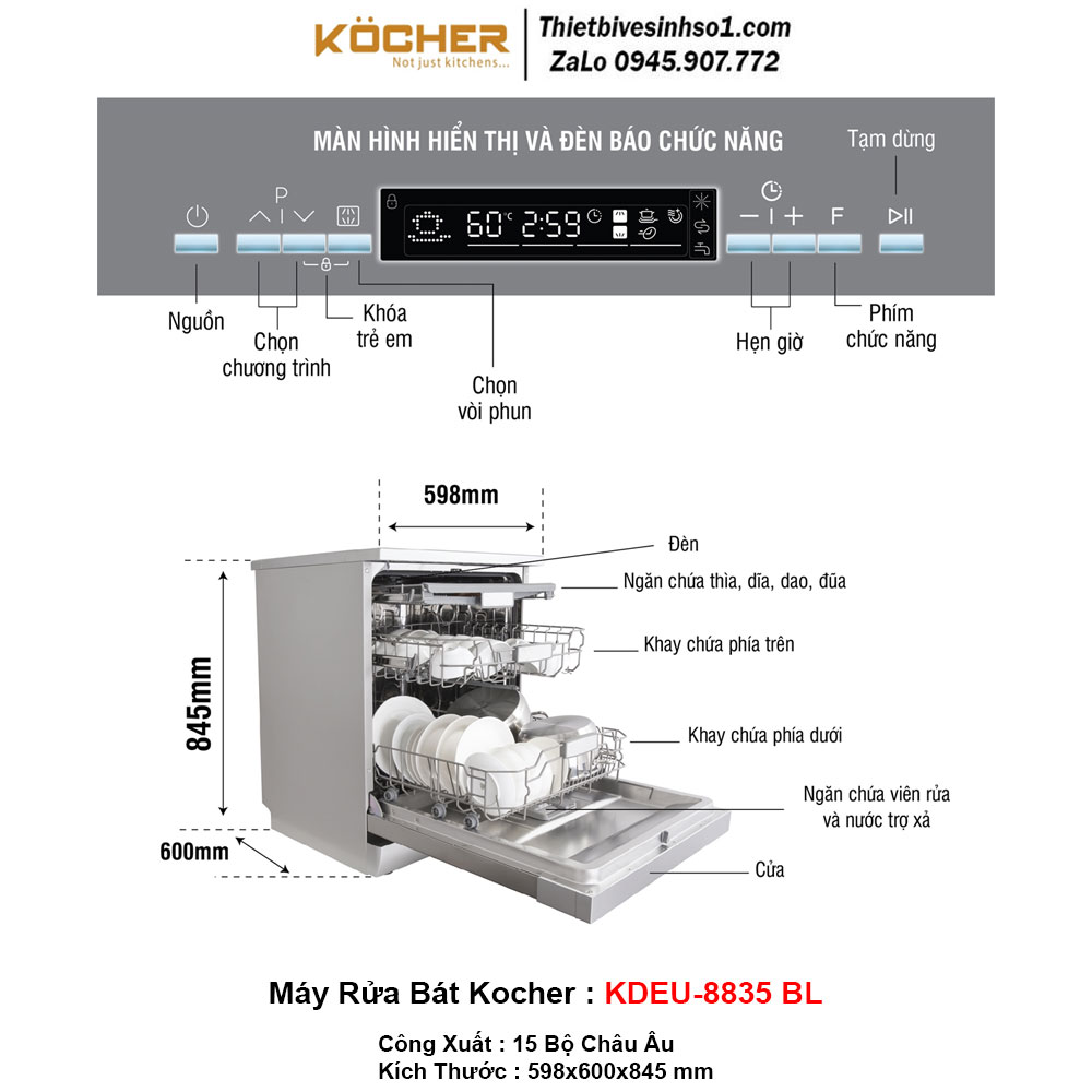 Máy Rửa Bát Kocher KDEU-8835 BL