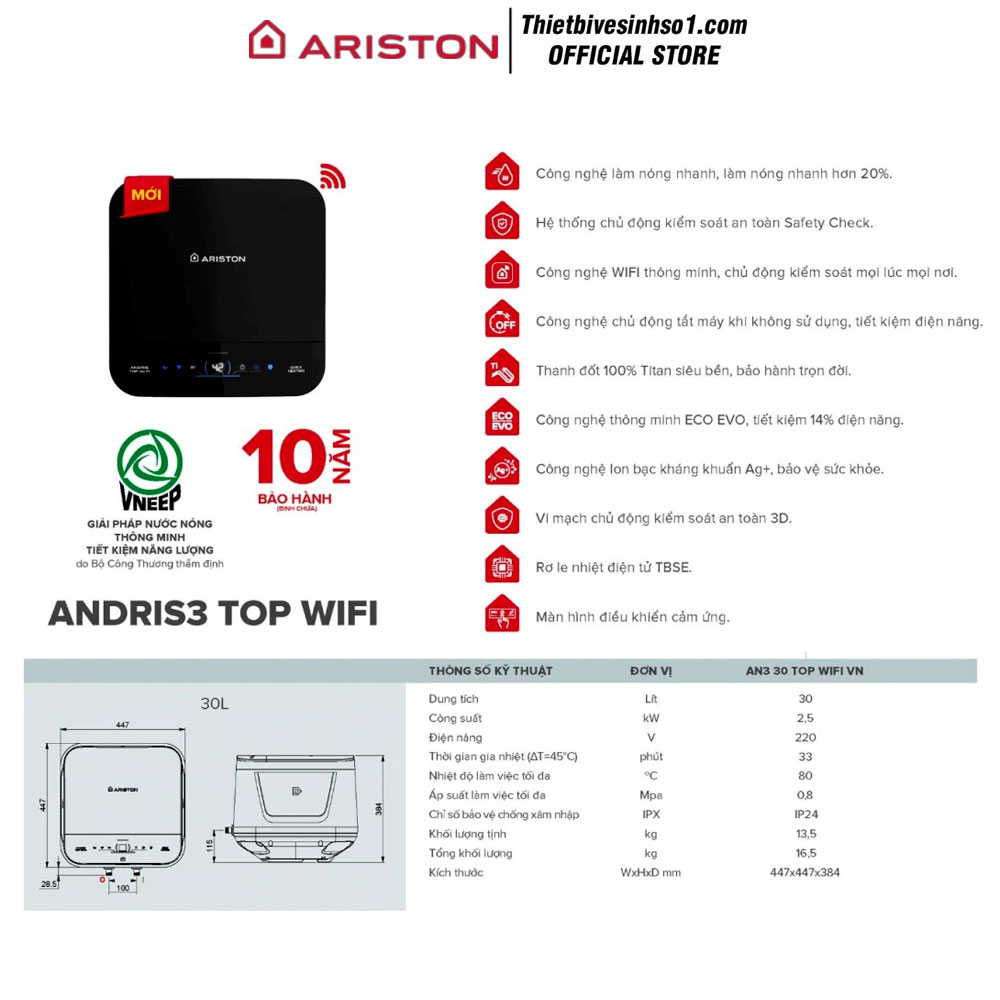 Bình Nước Nóng Ariston ANDRIS3 TOP WIFI 30L Bình Nước Nóng Ariston ANDRIS3 TOP WIFI 30L