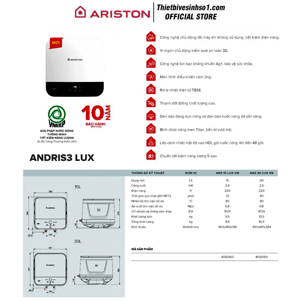 Bình Nước Nóng Ariston ANDRIS3 LUX Bình Nước Nóng Ariston ANDRIS3 LUX