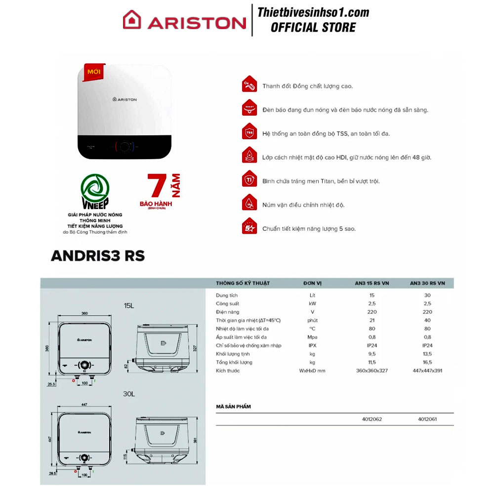 Bình Nước Nóng Ariston ANDRIS3 RS Bình Nước Nóng Ariston ANDRIS3 RS
