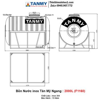Bồn Nước inox Tân Mỹ Nằm 2000L (F1160)