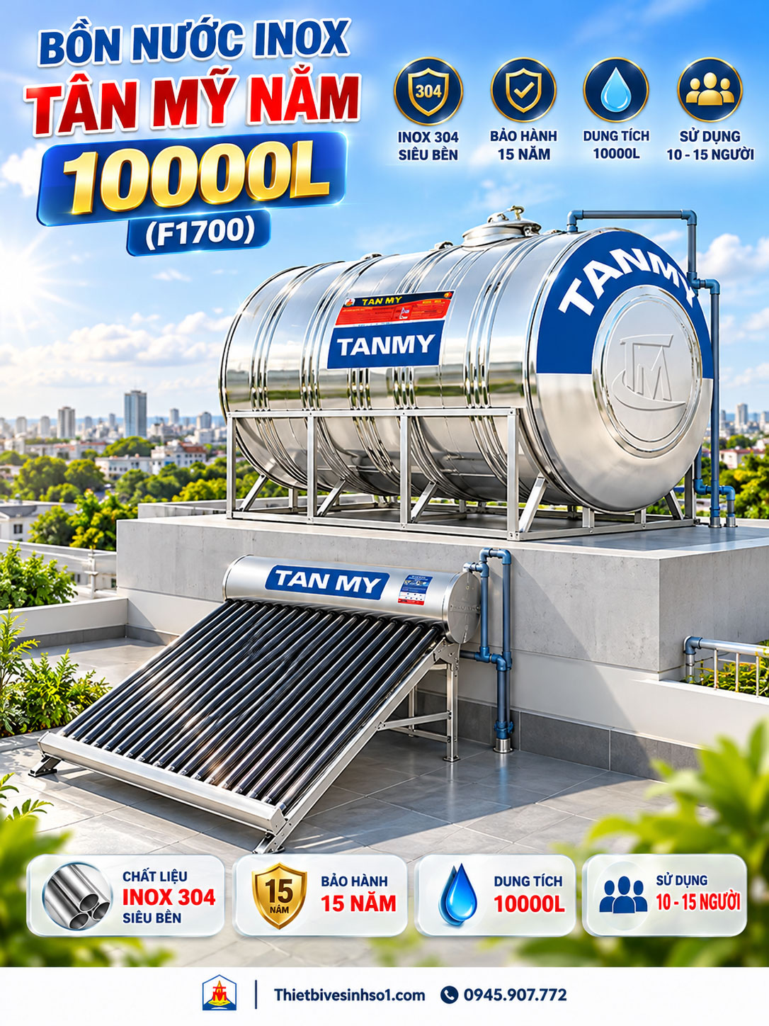 Bồn Nước inox Tân Mỹ Nằm 10000L-(F1700) Bồn Nước inox Tân Mỹ Nằm 10000L-(F1700)