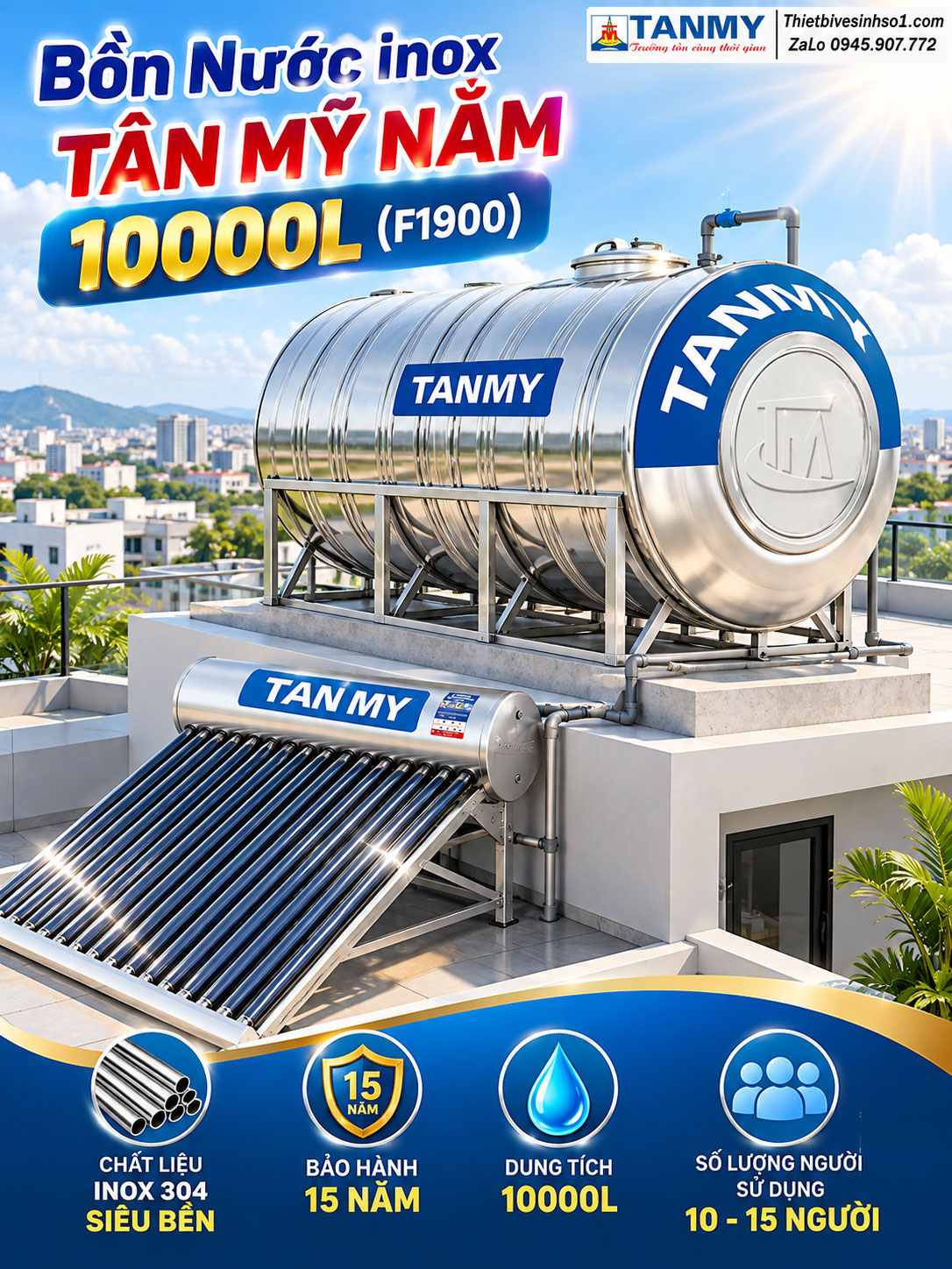 Bồn Nước inox Tân Mỹ Nằm 10000L-(F1900) Bồn Nước inox Tân Mỹ Nằm 10000L-(F1900)