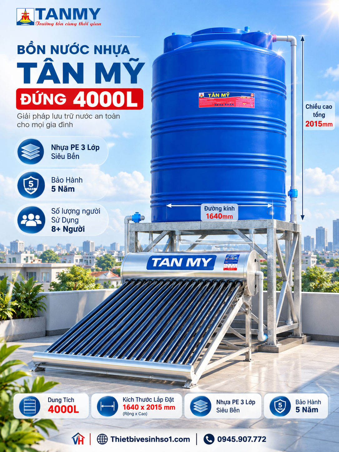 Bồn Nước Nhựa Tân Mỹ Đứng 4000L