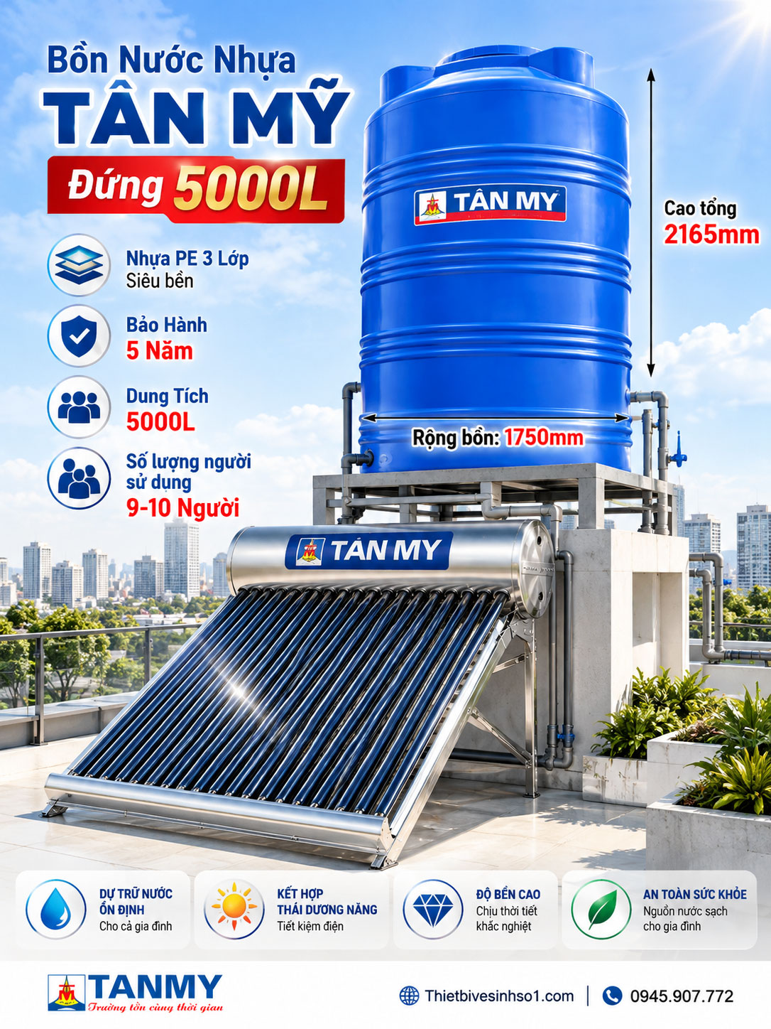 Bồn Nước Nhựa Tân Mỹ Đứng 5000L