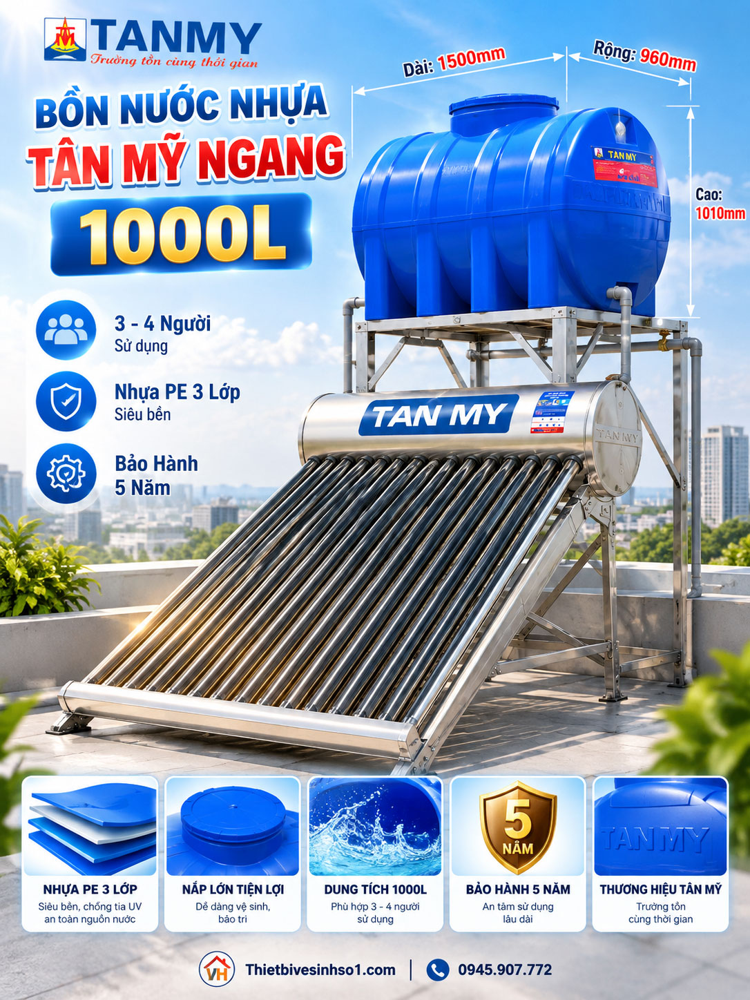 Bồn Nước Nhựa Tân Mỹ Ngang 1000L Bồn Nước Nhựa Tân Mỹ Ngang 1000L