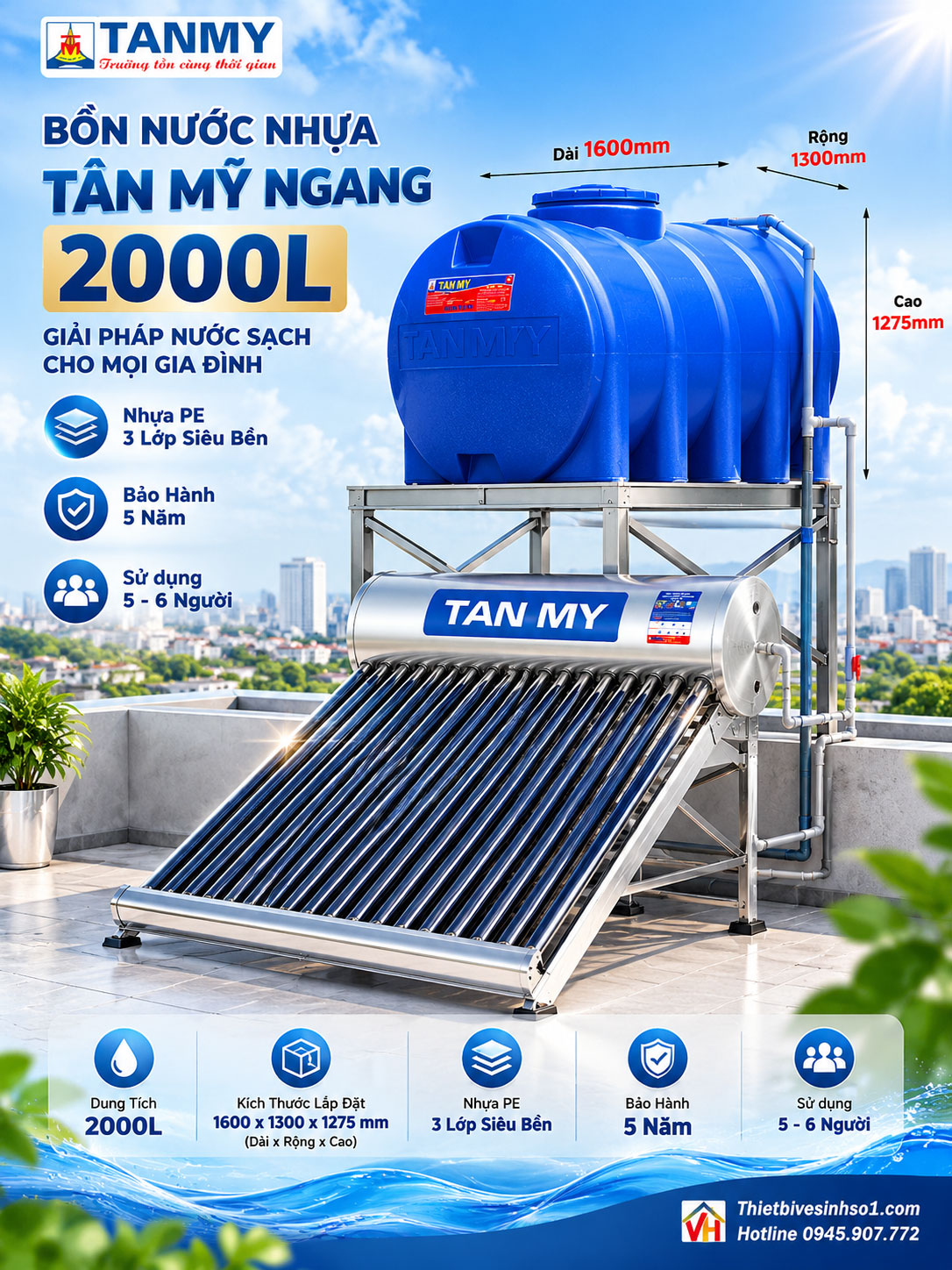 Bồn Nước Nhựa Tân Mỹ Ngang 2000L Bồn Nước Nhựa Tân Mỹ Ngang 2000L