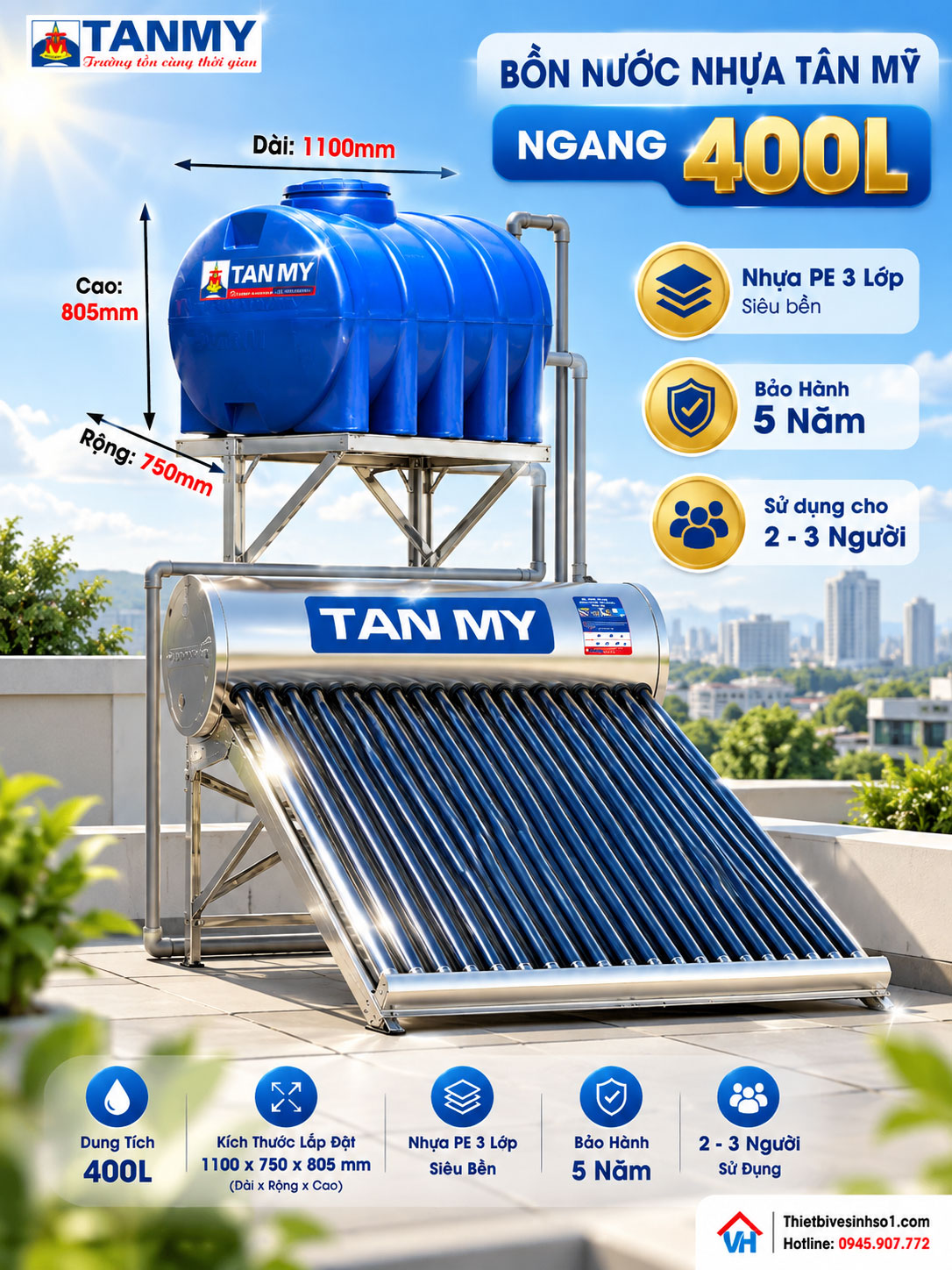 Bồn Nước Nhựa Tân Mỹ Ngang 400L Bồn Nước Nhựa Tân Mỹ Ngang 400L