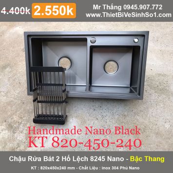 Chậu Rửa Bát Nano Black 2 Hố 8245 Lệch Bậc Thang