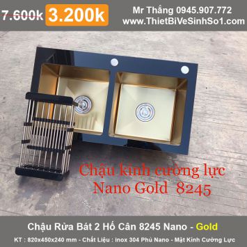 Chậu Rửa Bát Nano Gold Kính Cường Lực 2 Hố 8245 Cân